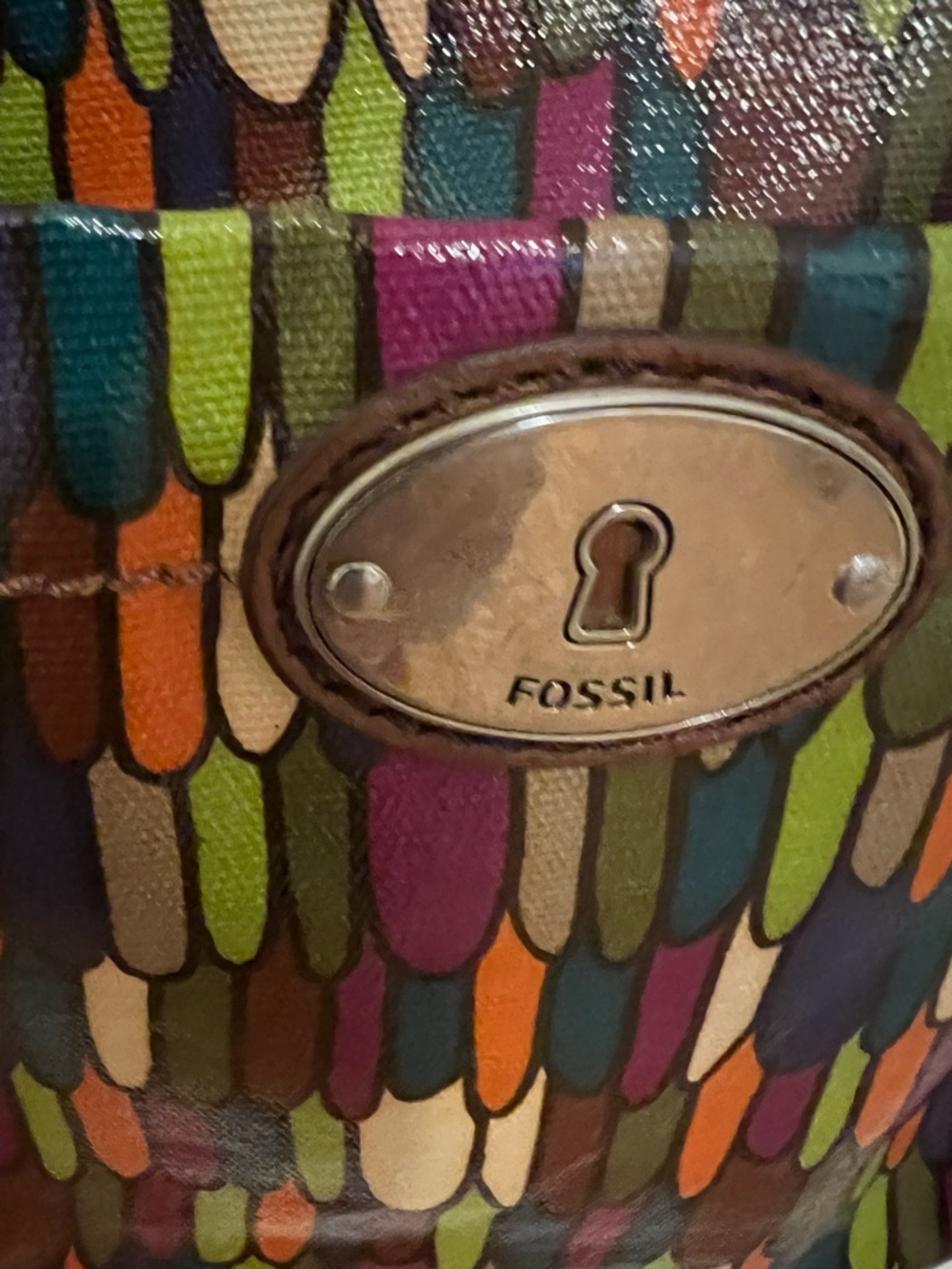 Fossil Calypso Key-Per multi-color feather print coated canvas bag Excellent - Picture 10 of 14
